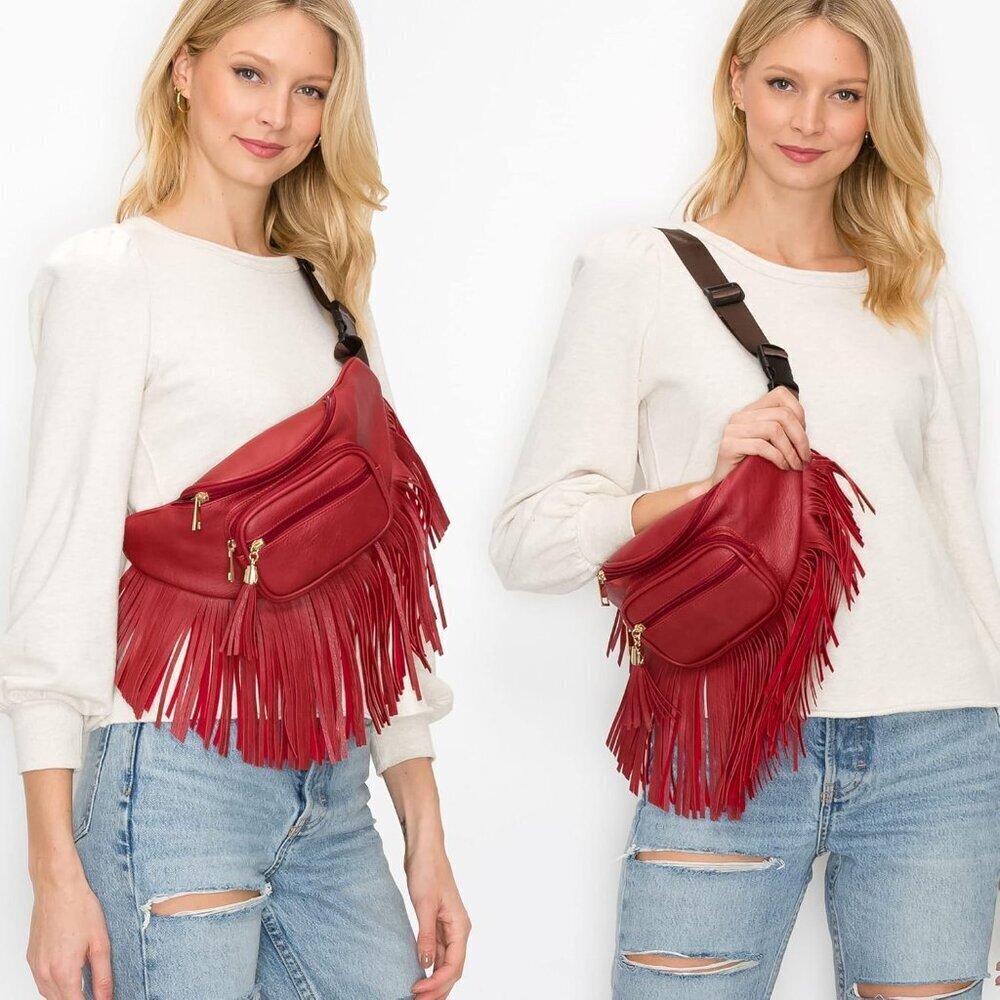 💫 Women Green Fringe Multi Zipper Pockets Trendy Style Casual Wear Waist bag - Picture 8 of 9